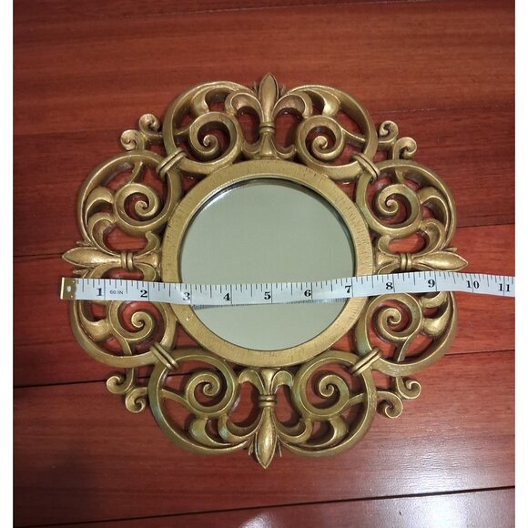 Round Accent Mirror Gold Gilt Ornate Scroll Composite Vintage 10" Hanging - Picture 5 of 5